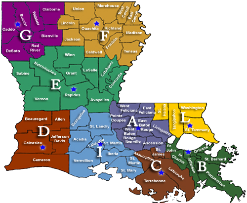 Map of Louisiana with troop areas outlined